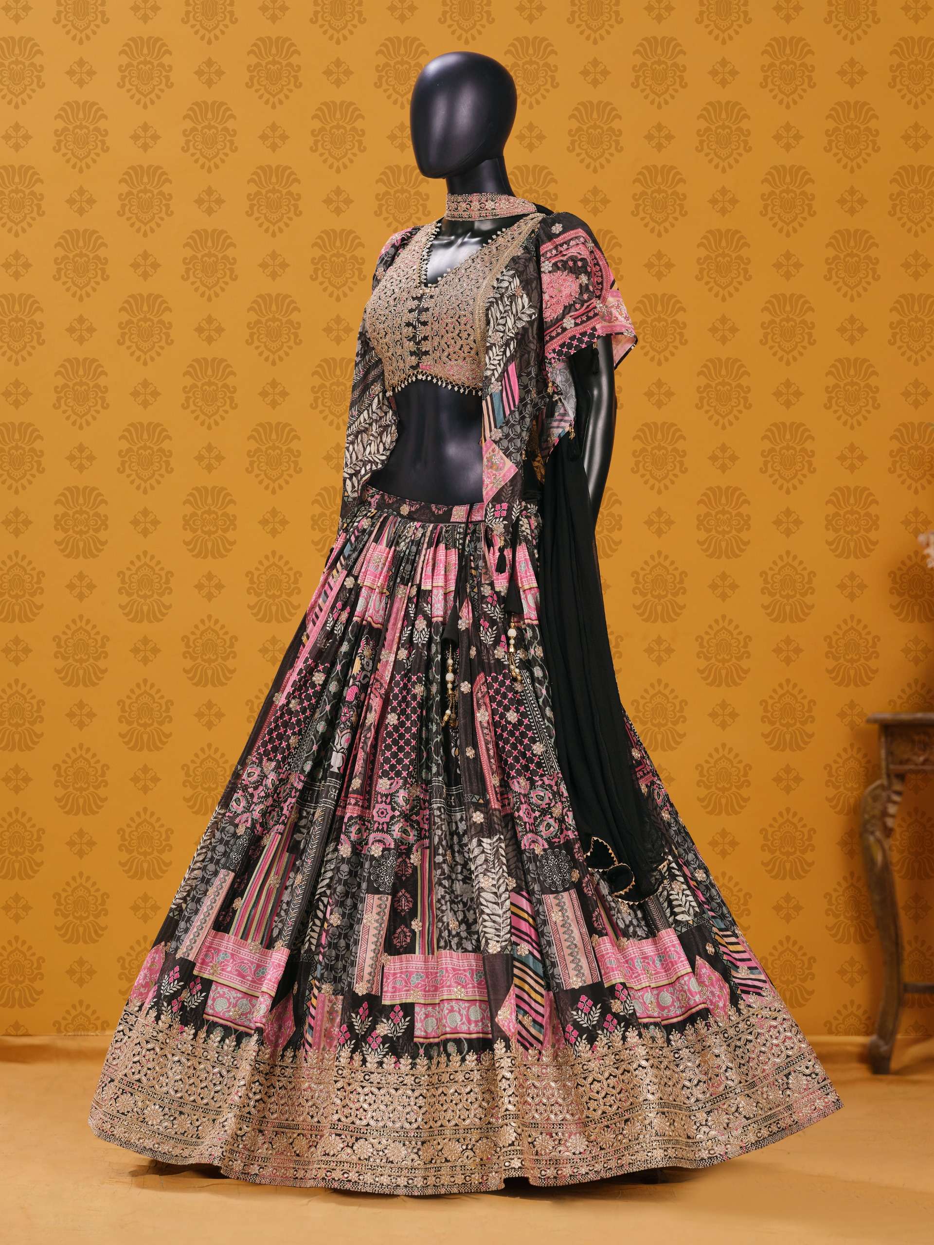 Black Multicolor in Chinnon Silk Royal and Heritage fabric Lehenga Choli wholesale in surat 7050 Black 